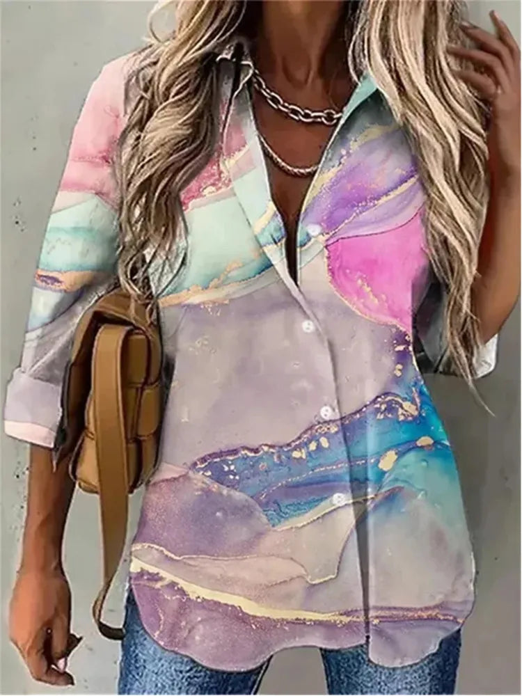 Summer Turn-Down Collar Women Blouse Long Sleeve Shirts Spring Vintage Floral Print Button Casual Blouse Blusas