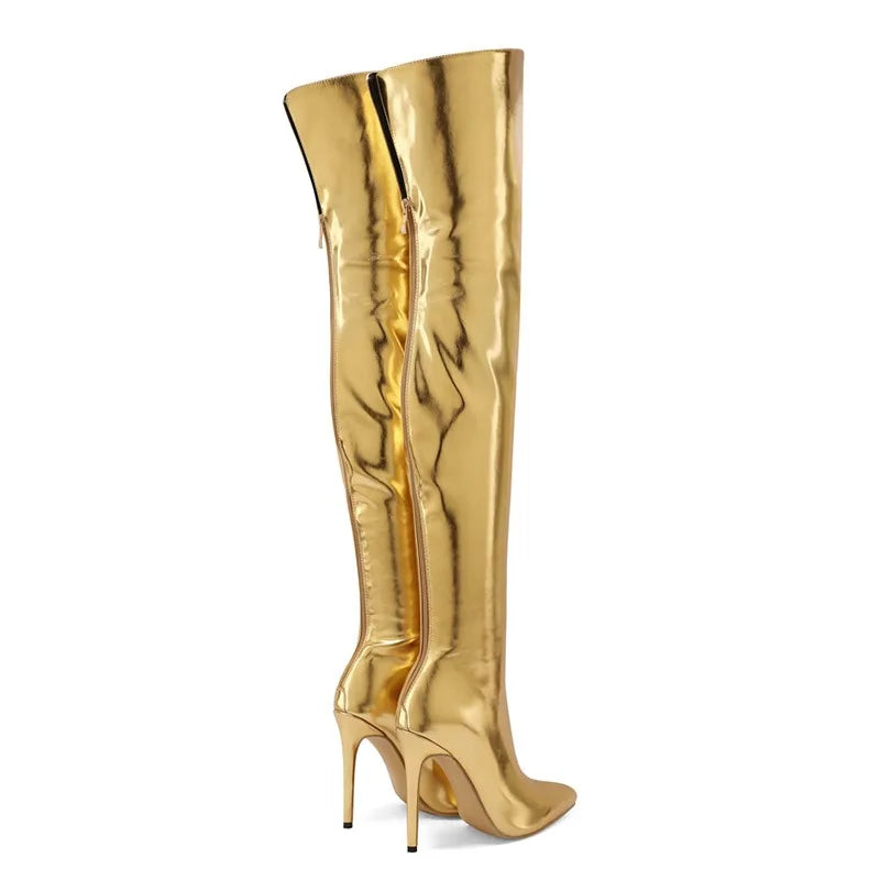 Sexy Silver Gold Rear Zipper Over Knee Boots Women's Pointed High Heels European and American Fashion Long Boots Big Size 34-43