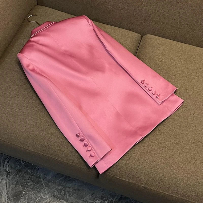 Pink Satin Slim Fit Blazer Hip-covering Skirt Fashionable Commuting Two-piece Set