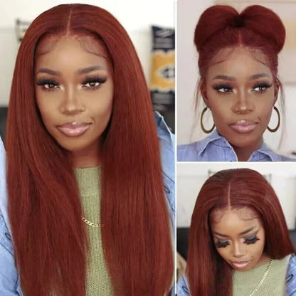 13X4 Reddish Brown Kinky Straight Lace Frontal Wig Human Hair Auburn Copper Yaki Straight 4x4 Transparent Lace Closure...