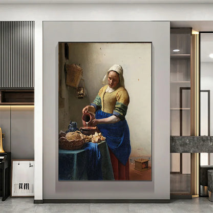 The Milkmaid By Johannes Vermeer Woman Famous Canvas Oil Painting Posters and Prints Wall Art Picture Living Room Decor Cuadros