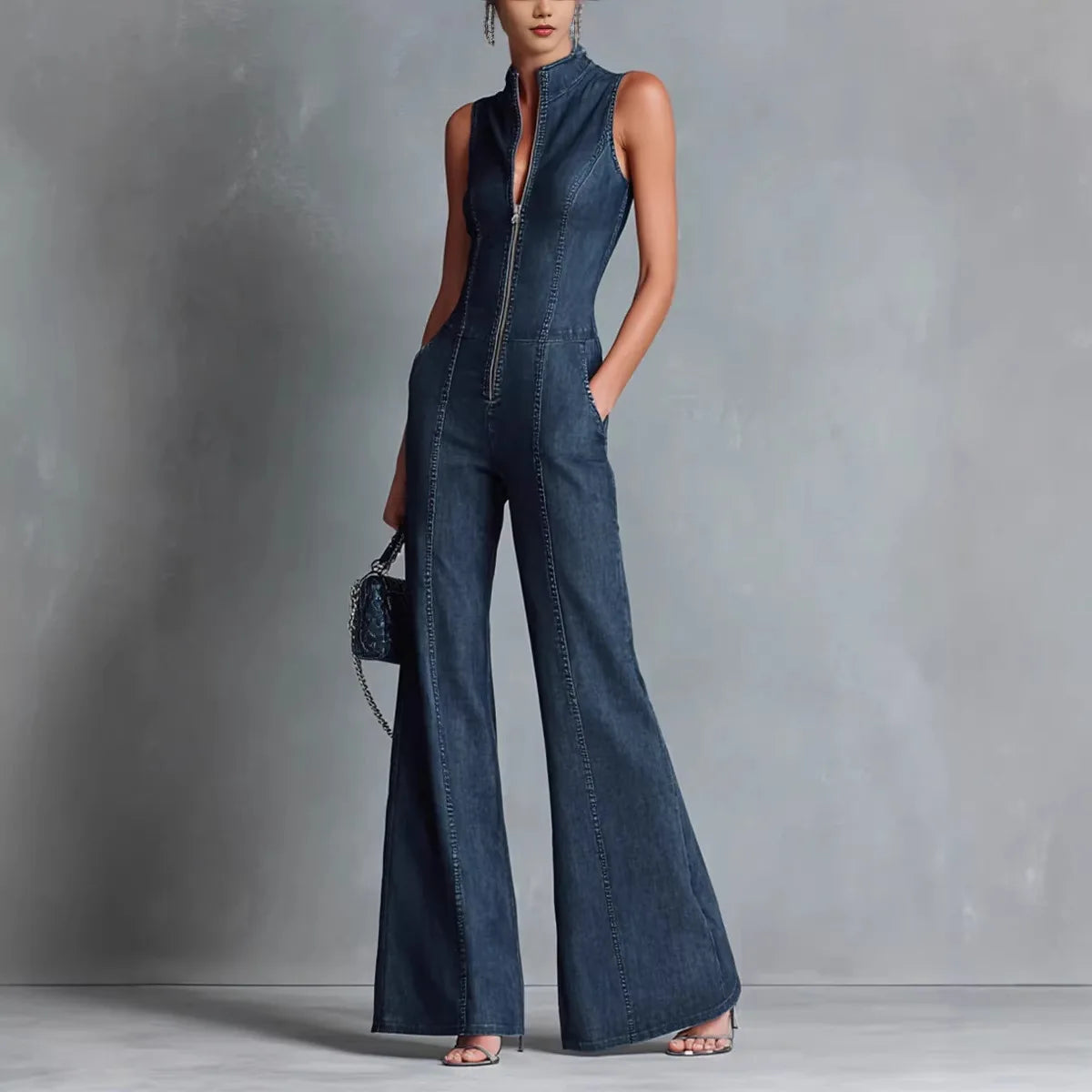 Streetwear Women's Denim Sleeveless Flare Jumpsuit, High Neck Front Zip Wide Leg Overalls Casual Cargo Denim Jumpsuit