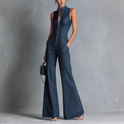 Streetwear Women's Denim Sleeveless Flare Jumpsuit, High Neck Front Zip Wide Leg Overalls Casual Cargo Denim Jumpsuit