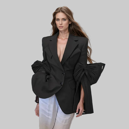 CHICEVER Vintage Solid Blazers For Women Notched Collar Irrgular Design Long Sleeve Spliced Folds Slim Blazer Female Spring New