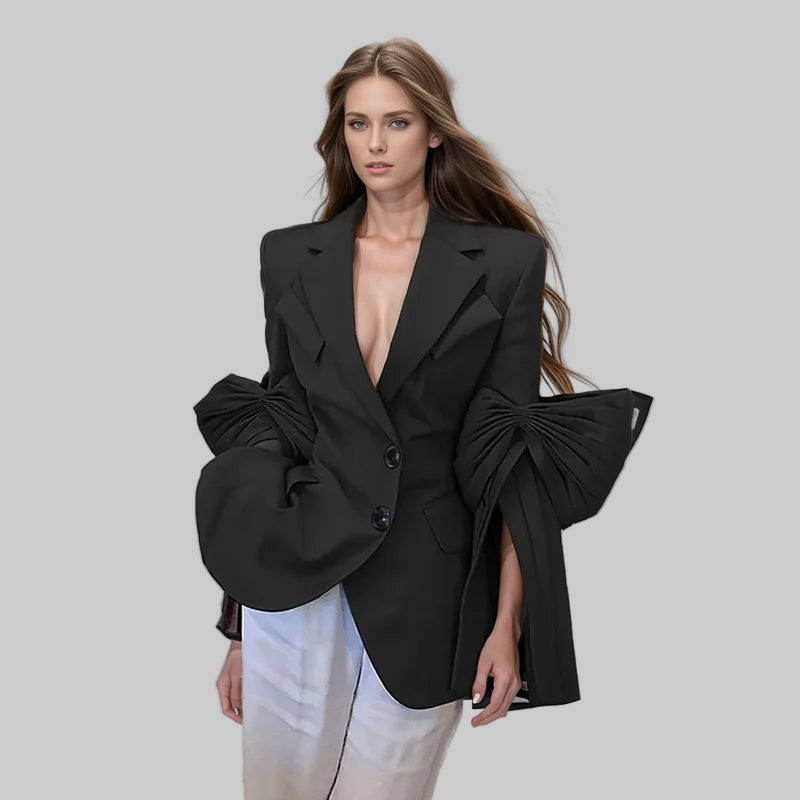 CHICEVER Vintage Solid Blazers For Women Notched Collar Irrgular Design Long Sleeve Spliced Folds Slim Blazer Female Spring New