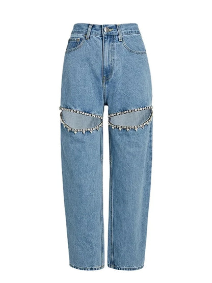 Chic Women Hollowed Out Diamonds Beaded Holes Jeans Rhinestones Straight Denim Pants Crystals Cowboy Trousers Loose Pantalones - Kimlud