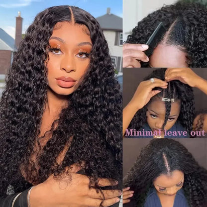Upgraded V Part Wig Kinky Curly Wig Easy Install Brazilian 32Inch 200% Density Natural Color Deep Wave No Leave Out Human Remy Hair For Women
