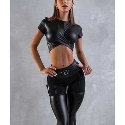 Krisnanas 2 Piece Sporty Sets for Woman 2025 Leather Shorts Tops-skinny Pants Fashionable Workout Gym New in Matching Set 102395