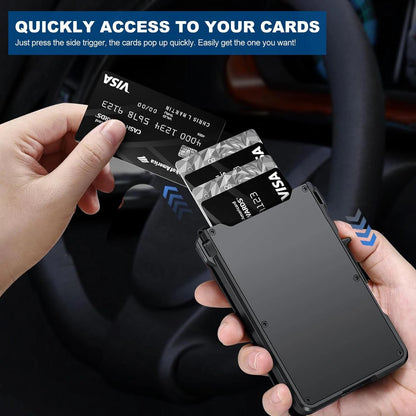RFID Blocking Mens Wallet | Minimalist Slim Smart Pop-Up Card Holder, Metal Credit Card Wallet with Money Clip for Men
