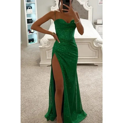 Women's S-XL size Party Fashion Suspender Dress with A Straight Neckline Sleeveless Solid Color Slim Fit Slit Casual Long Dress