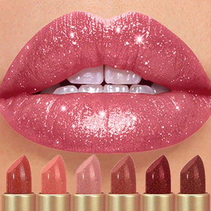 Diamond Pink Lipstick Chocolate Brown Metallic Glitter Lipstick Long-Lasting Waterproof Shimmer Pearl Sparkling Lip Gloss Makeup - Kimlud