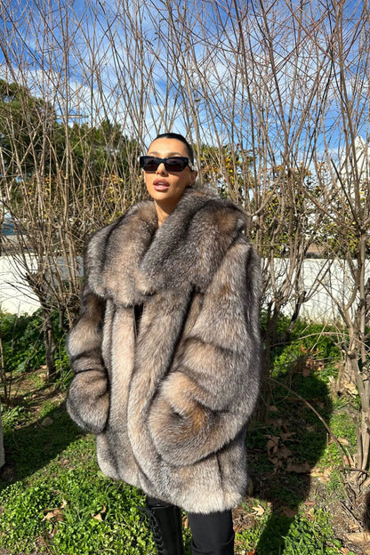 Winter Custom Size Real Fox Fur Coat Women Luxury Thick Turn Down Collar Natural Silver Fox Fur Coat