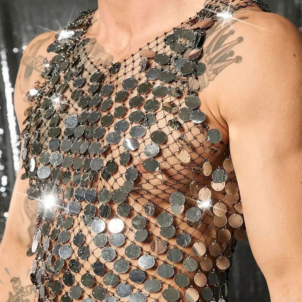 Sparkling Diamond Cut-Out See-Through Vest For Men - New Summer Style Sexy Nightclub Party Fishnet Beaded Outerwear Top - Kimlud