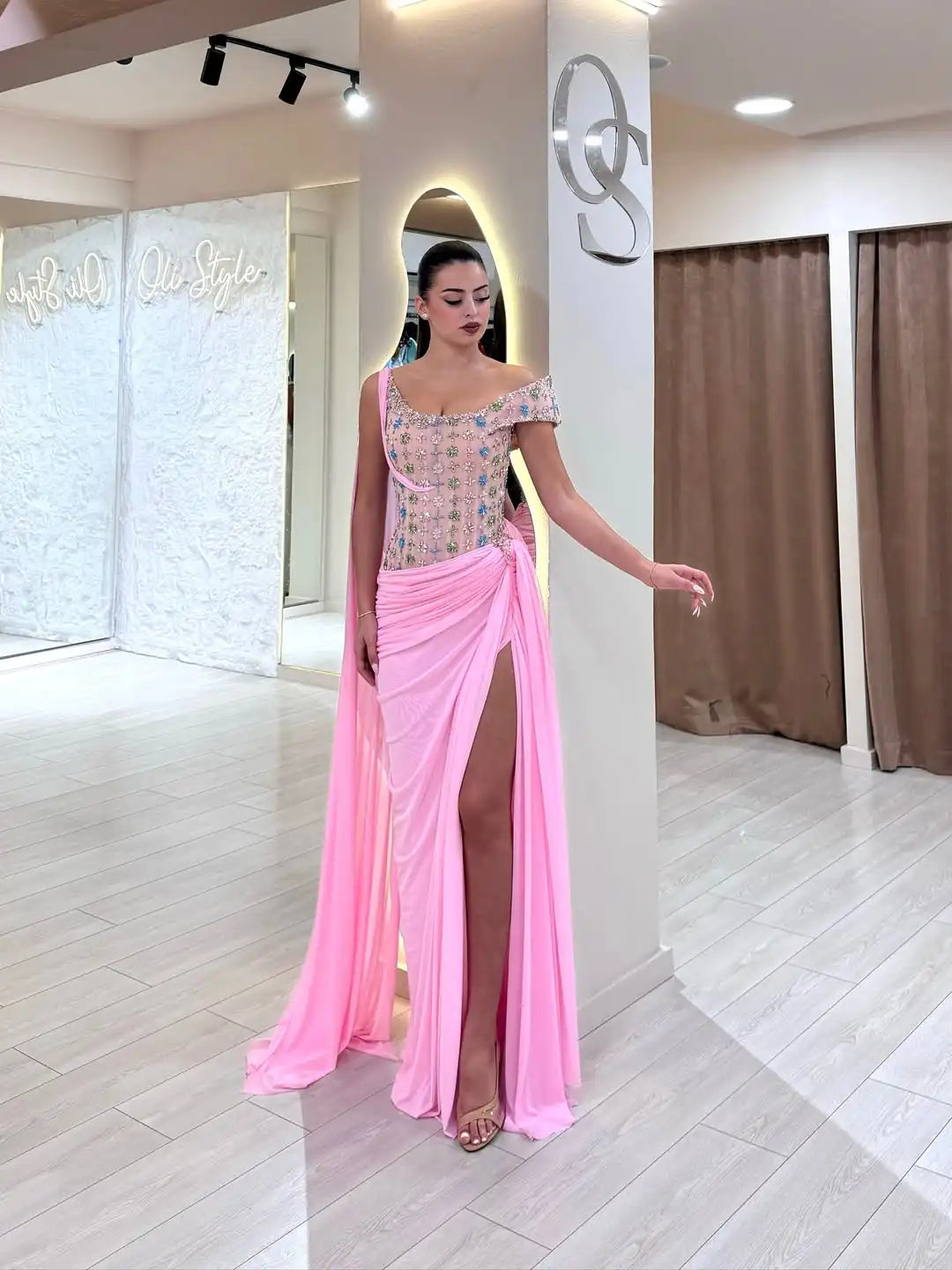 Ofherown Elegant Pink One-Shoulder Evening Dresses Beaded Floral High Slit Draped Prom Gowns Vestidos De Festa Customized