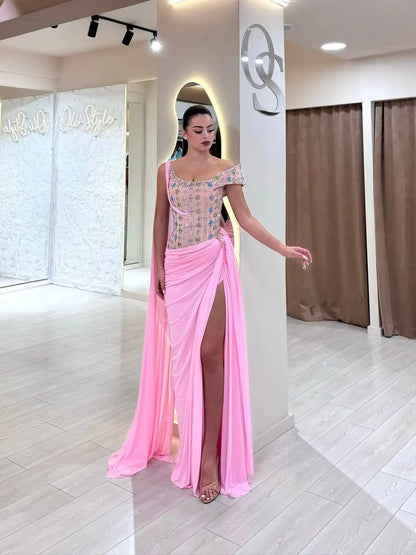 Ofherown Elegant Pink One-Shoulder Evening Dresses Beaded Floral High Slit Draped Prom Gowns Vestidos De Festa Customized