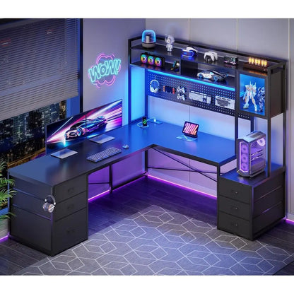 L-Shaped Gaming Desk with Drawers, Reversible, LED-lit, Black, for Dual Players with Power Outlets - Kimlud