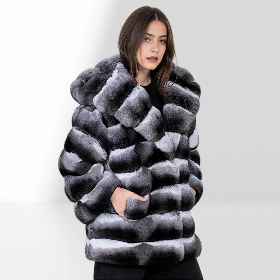 Women's Winter Jacket Real Rex Rabbit Fur Jacket With Hood Chinchilla Color Fur Coat High Quality Genuine Leather Jackets