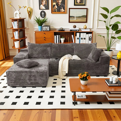 105Inch L-Shaped Living Room Sofa, No Assembly Required, Cozy Corduroy Fabric, Sofa Bed Convertible, Minimalist Deep Seat Design