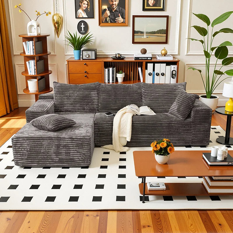 105Inch L-Shaped Living Room Sofa, No Assembly Required, Cozy Corduroy Fabric, Sofa Bed Convertible, Minimalist Deep Seat Design