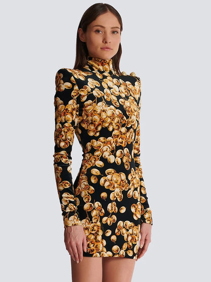 VC Grape Printed Gold Velvet Turtleneck Slim Mini Dress Women Button Design Long Sleeves Celebrity Cocktail Club Party Dress