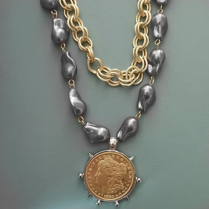 2025 chunky layer Jewelry Luxurious imitation grey pearl exaggerate coin charm pendant Clasps Carabiner Necklace...