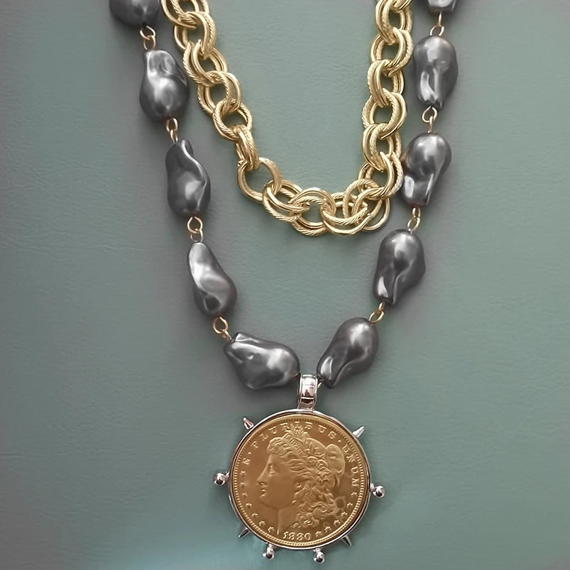 2025 chunky layer Jewelry Luxurious imitation grey pearl exaggerate coin charm pendant Clasps Carabiner Necklace...