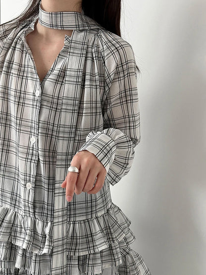 [EAM] Women Black Plaid Ruffles Big Size Elegant Blouse New V-neck Long Sleeve Shirt Fashion Tide Spring Autumn 2026...