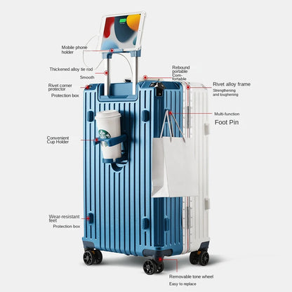 30/32-inch Large Size Luggage Multifunctional Cup Holder and Mobile Phone Holder Aluminium Framed Travel Suitcases Trip Cabin - Kimlud