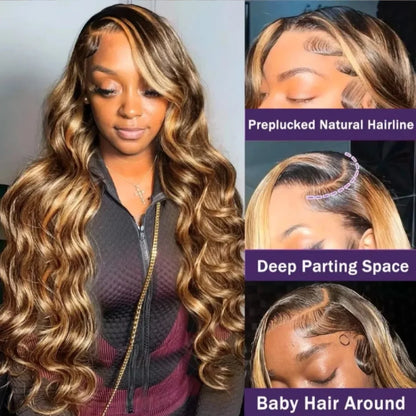 Highlight Body Wave 13x6 Transparent Lace Frontal Wig Human Hair 4/27 Colored Lace Front Human Hair Wigs For Women Pre Plucked - Kimlud