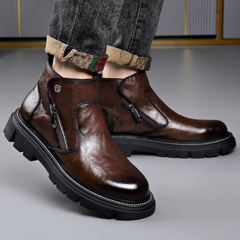 British Style Fashion Men's Casual Leather Boots Outdoor High Top Genuine Leather Non-slip Ankle Boots Retro Style Walking Botas