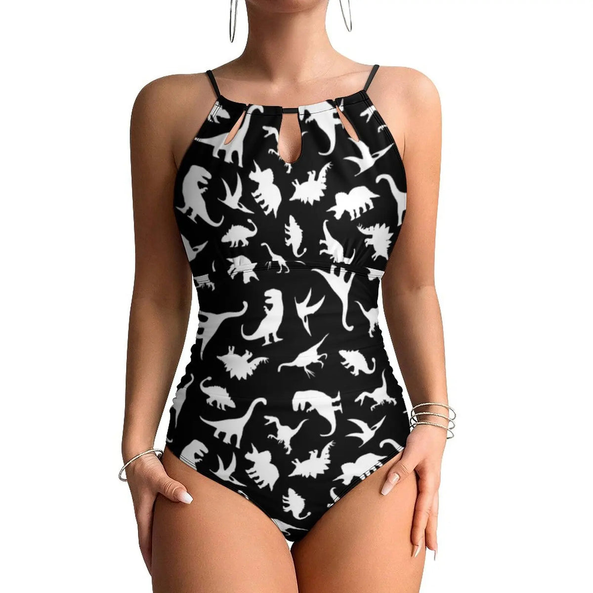 Botanical With Dinosaurs Swimsuit Dinosaur Quirky Soft Pastels Floral Swimwear Holiday Swimsuits Halter Bathing Suit |...