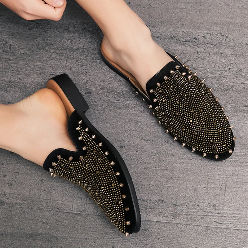 New Gold Hip-hop Rock Punk Rivet Rhinestones Shoes For Men Half Slippers Summer Fashion Casual Mules Moccasins Loafers - Kimlud