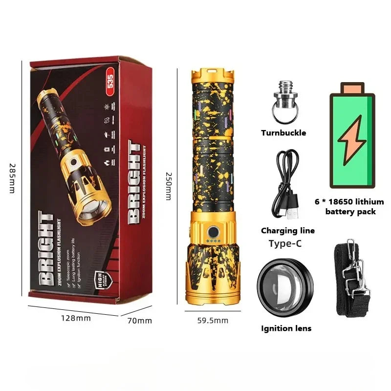 High Power White Laser Flashlight Super Bright LED Spotlight Long Range Torch Zoom Emergency Outdoor With Battery Indicator