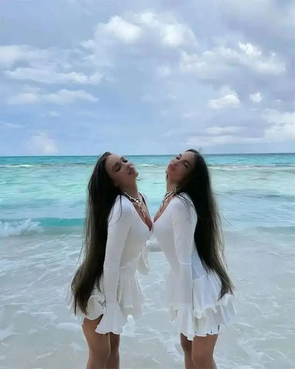 Blifanbo Flare Sleeve Ruffle Sexy V Neck Mini Dress Women Robe Irregular Single-breasted High Waist Slim A-line Club Dress