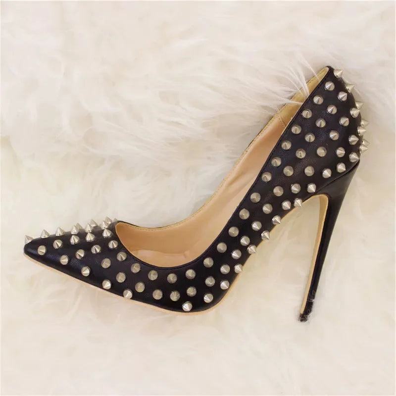 Veowalk Silvet Gold Revits Women Sexy 12cm Pointed Toe High Heels Ladies Shallow Stiletto Pumps Shiny Wedding Party Dress Shoes