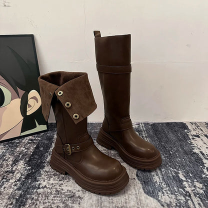 Winter Vintage Platform Thick Sole Woman Knight High Boots Concise Belt Buckle Front zipper Shoes Ladies Slim Modern Long Botas