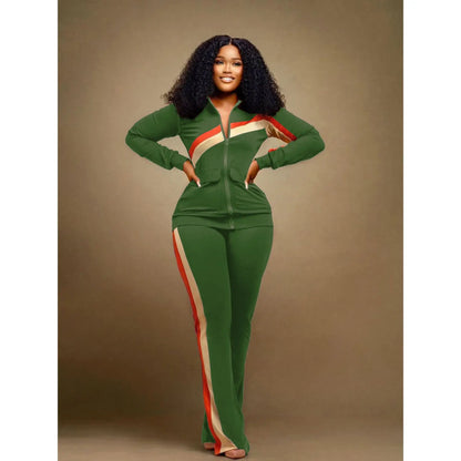 Casual Spor Women's Faion Set TW52 Long Sve Polyester Pants Striped Patchwork Independent Station Cross-Border | Kimlud...