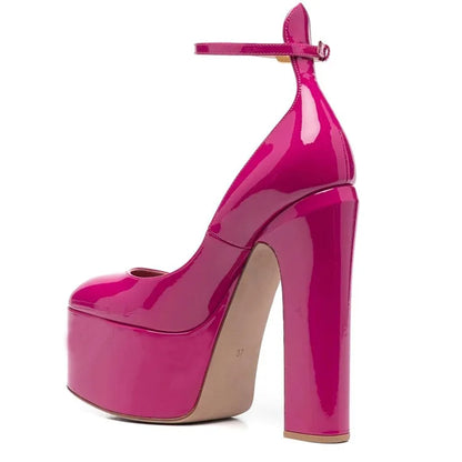 Women New European And American Style Super High Heels Patent Leather Round Toe Thick Sole Large Size Thick Heel Shoes