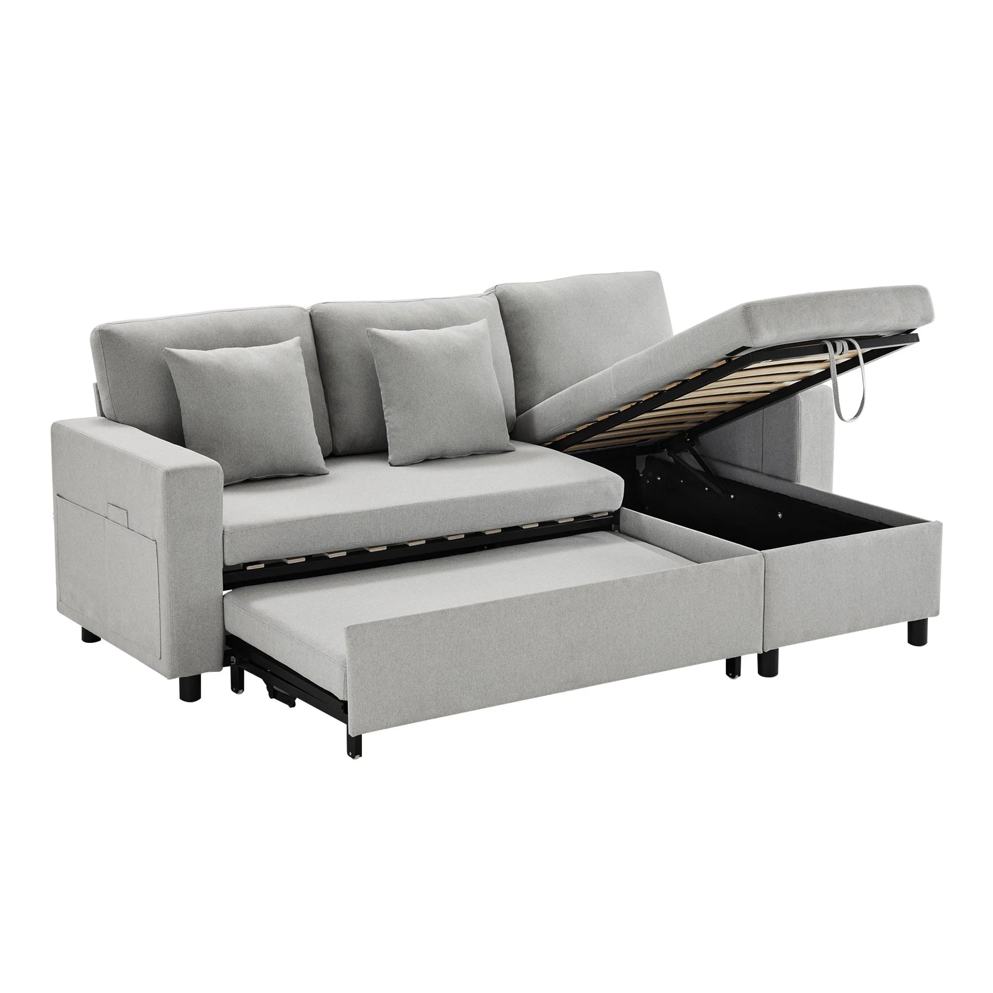 PINGGO L-Shape Sofa Bed with Sleeping Function, Convertible Armchair with Storage & Pocket Storage, Left Right Interchangeable - Kimlud