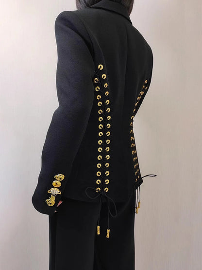 TWOTWINSTYLE Solid Spliced Lace Up Slimming Jackets For Women Lapel Long Sleeve Tunic Temperament Patchwork Button Coat Female - Kimlud