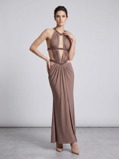 Sexy Straps Halter Neck Diamonds Cut Out Long Dress Women Browns Sleeveless Backless Slim Dresses Evening Party Cocktail Gowns