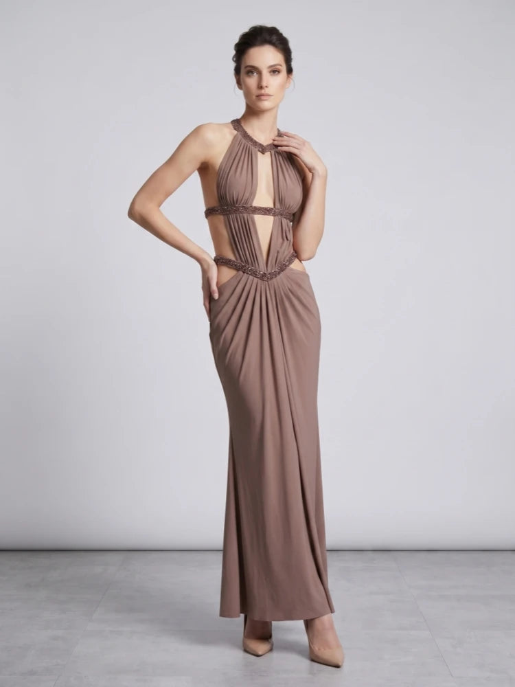 Sexy Straps Halter Neck Diamonds Cut Out Long Dress Women Browns Sleeveless Backless Slim Dresses Evening Party Cocktail Gowns