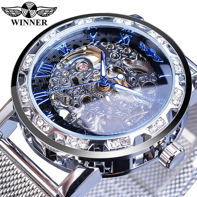 Winner Casual Mechanical Watches For Men Golden Roman Fashion Stainless Steel Belt Mesh Strap Wristwatch Clock Relogio Masculino