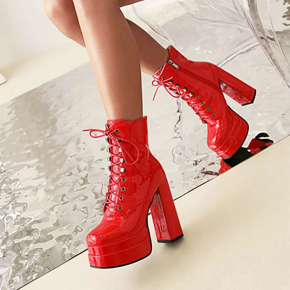 2022 Winter Women Ankle Boots Platform Square High Heel Ladies Ankle Boots Patent PU Leather Cross Tied Women's Shoes Big Size
