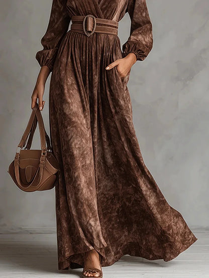 Women's Vintage Paisley Print Maxi Dress Long Sleeve V Neck Zip up High Waist Flowy Long Dress for Autumn Party Evening Wear