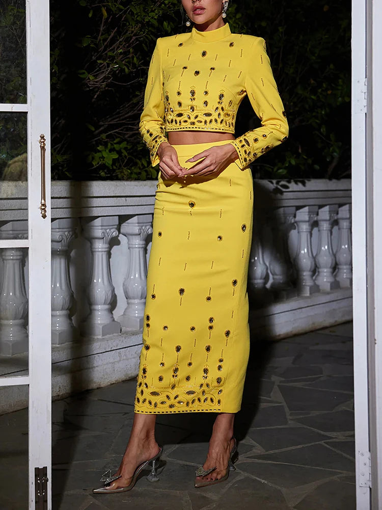 TWOTWINSTYLE Solid Spliced Diamonds Two Piece Set For Women Stand Collar Long Sleeve Tops High Waist A Line Skirt Set Female New