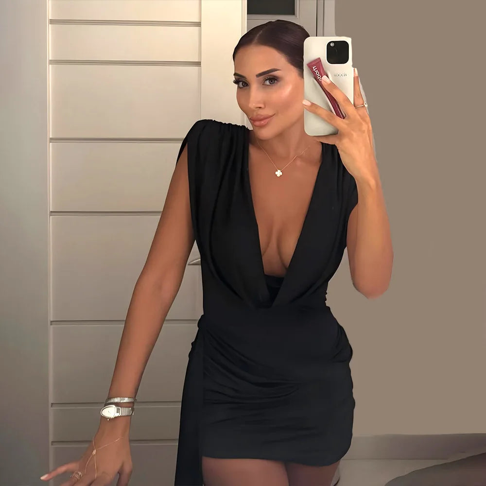 Sexy deep V-neck sleeveless dress for women fashion summer solid color figure-hugging asymmetrical mini dresses for...