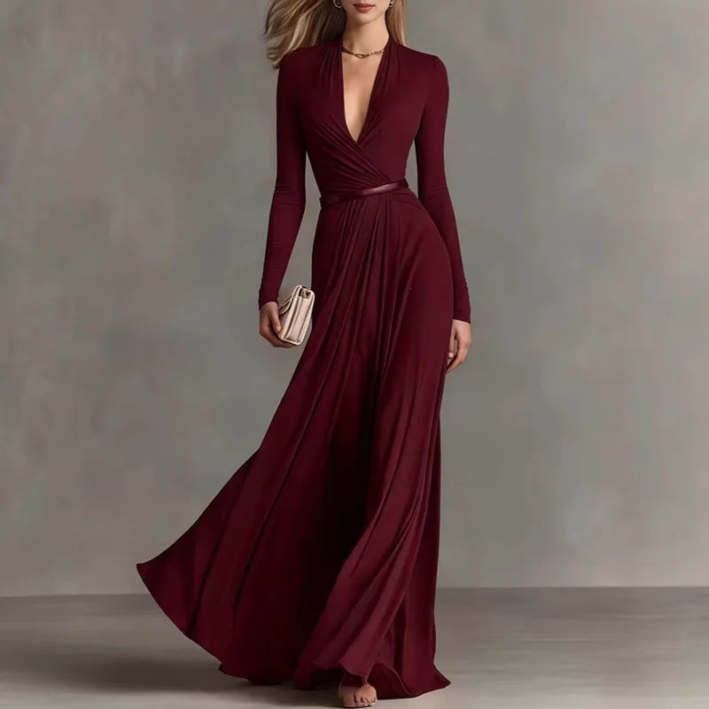 Elegant Sexy Deep V Neck Slim Maxi Dress Women Long Sleeve Ruched Waist Formal Gown Spring Casual Solid Sashes Boho Long Dresses