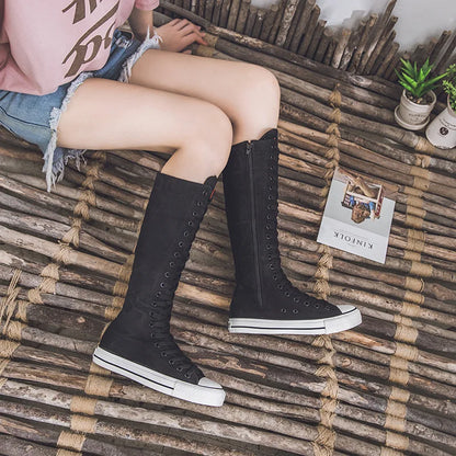Canvas Long Boots for Women High Top Women Canvas Shoes Lace Up Knee High Boots Flats Casual Vulcanized Shoes Sneakers Girls