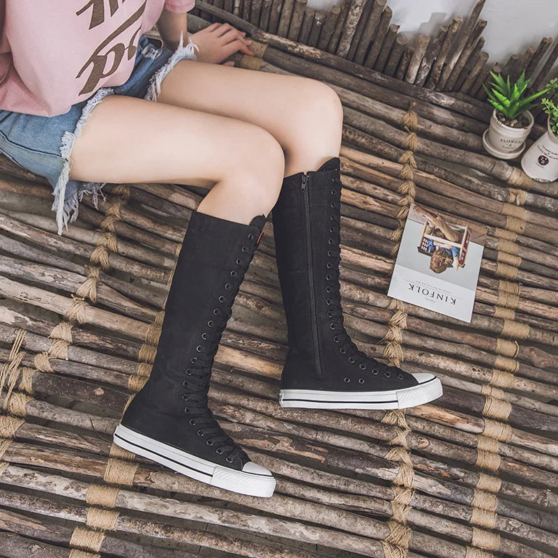 Canvas Long Boots for Women High Top Women Canvas Shoes Lace Up Knee High Boots Flats Casual Vulcanized Shoes Sneakers Girls